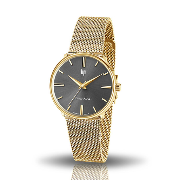 【lip】Dauphine時尚質感黑面米蘭石英腕錶-耀眼金/671287/台灣總代理公司貨/原廠保固半年