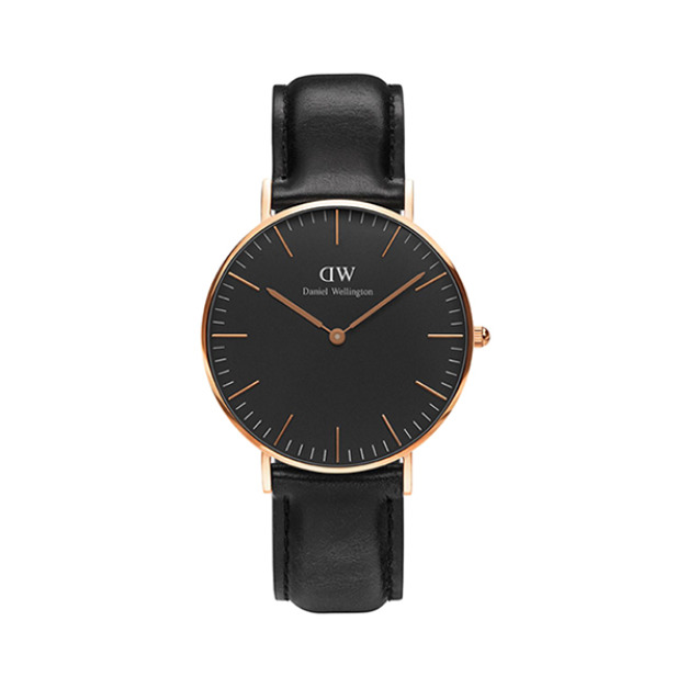 【Daniel Wellington】CLASSIC瑞典時尚品牌經典簡約真皮腕錶-爵士黑x玫金-36mm/DW00100139/原廠公司貨一年保固