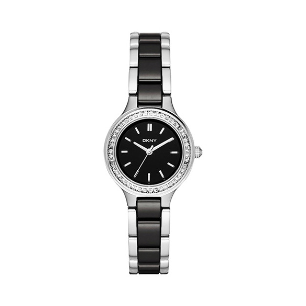 【DKNY】晶鑽優雅黑銀雙色時尚半陶瓷腕錶-黑銀款/NY2495/台灣總代理公司貨享三個月保固