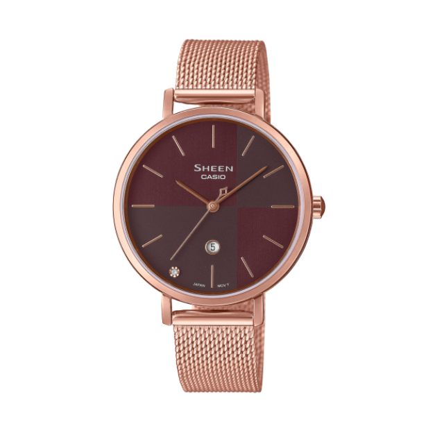 【CASIO SHEEN】極簡風優雅霧面晶鑽時尚米蘭腕錶-醋栗紅/SHE-4547PGM-5A/台灣總代理公司貨享一年保固