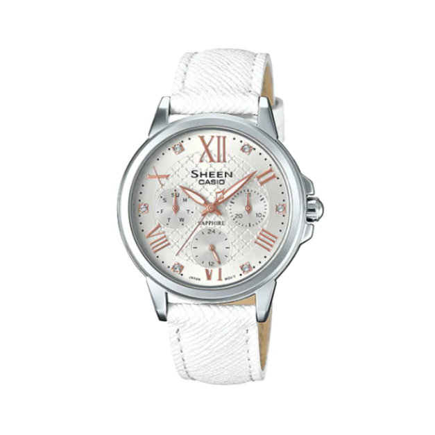 【CASIO SHEEN】羅馬時刻菱格紋時尚編織真皮腕錶-純淨白/SHE-3511L-7A/台灣總代理公司貨享一年保固