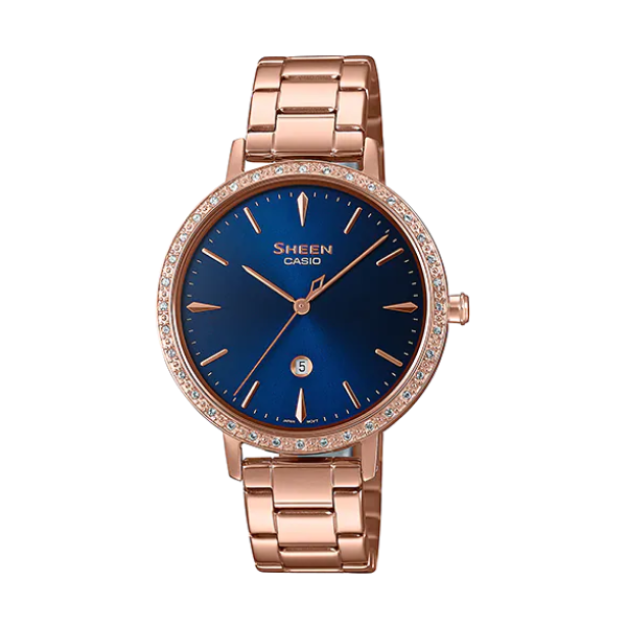 【CASIO SHEEN】輕奢華時尚晶鑽優雅日期鋼帶腕錶-緞面藍/SHE-4535YPG-2A/台灣總代理公司貨享一年保固
