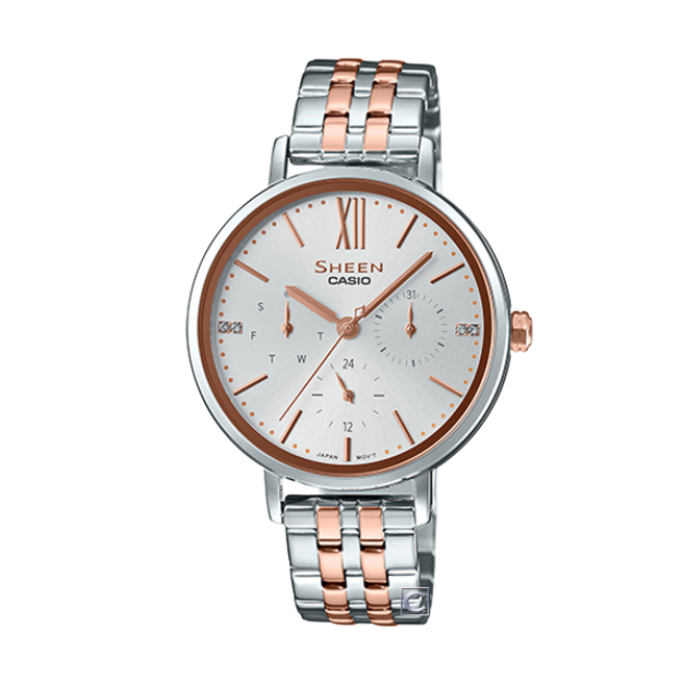【CASIO SHEEN】羅馬時刻間約時尚三眼鋼帶腕錶-撞色款/SHE-3064SPG-7A/台灣總代理公司貨享一年保固