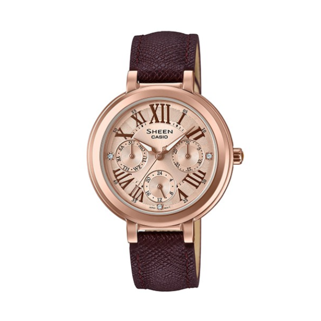 【CASIO SHEEN】輕奢華晶鑽立體波紋時尚真皮腕錶-復古棕/SHE-3034GL-7A2/台灣總代理公司貨享一年保固