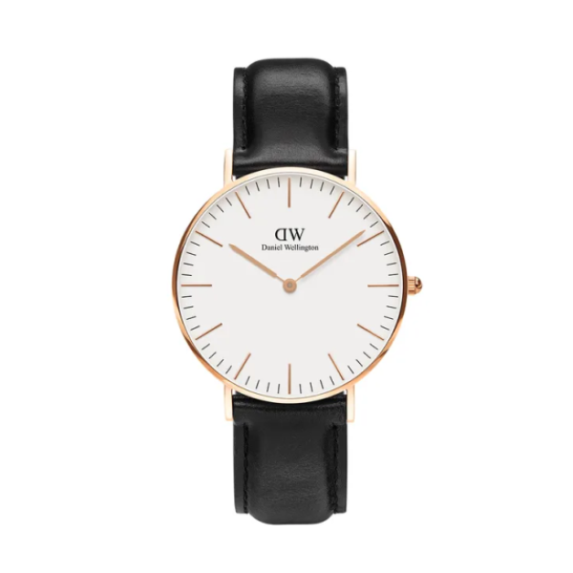 【Daniel Wellington】CLASSIC瑞典時尚品牌經典簡約真皮腕錶-爵士黑x玫瑰金-36mm/DW00100036/原廠公司貨一年保固