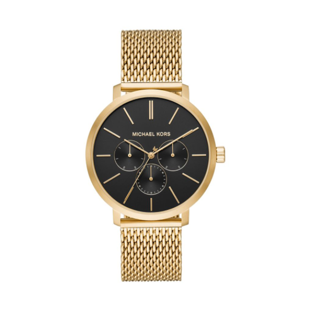 【Michael Kors】經典潮流黑面三眼時尚米蘭腕錶-土豪金/MK8690/台灣總代理公司貨享兩年保固