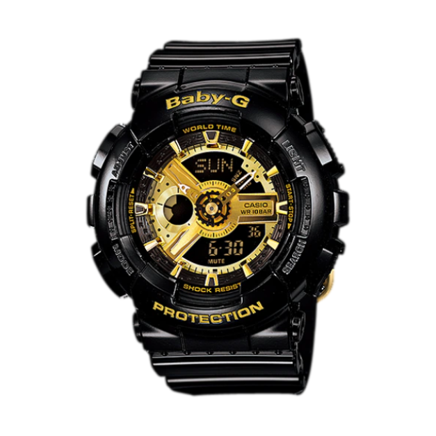 【CASIO BABY-G】潮流經典耐衝擊立體齒輪雙顯運動腕錶-黑金款/BA-110-1A/台灣總代理公司貨享一年保固