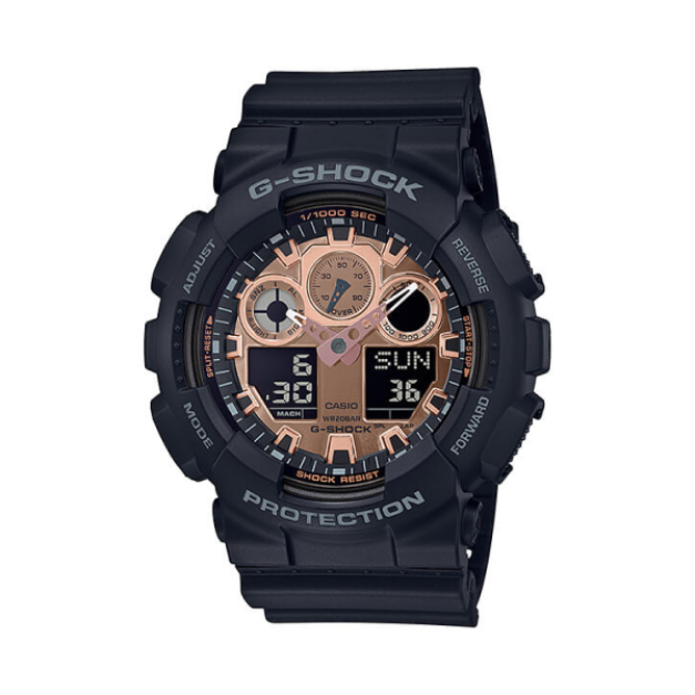 【CASIO G-SHOCK】新時代重機啞黑雙顯運動腕錶-玫瑰金/GA-100MMC-1A/台灣總代理公司貨享一年保固