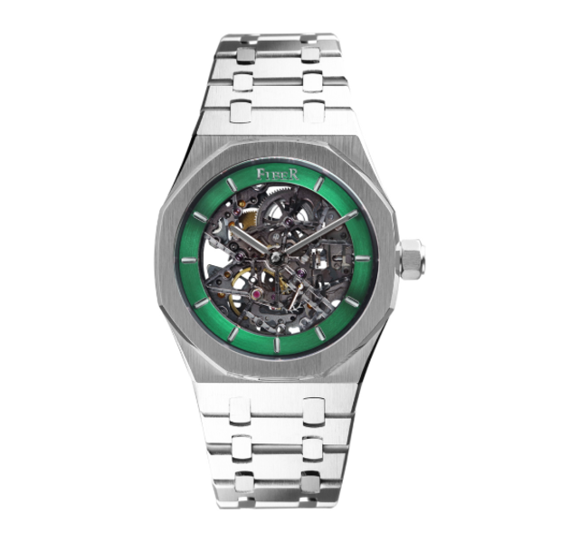 【FIBER】競速先鋒系列銀鋼骨雕鏤空多層次透視機械腕錶-森林綠/FB8017-2-07/台灣總代理公司貨享一年保固