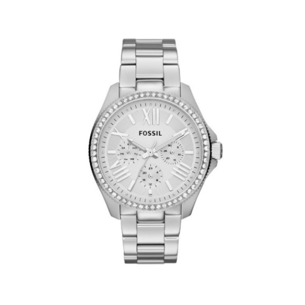 【Fossil】Cecile羅馬時標晶鑽三眼時尚腕錶-亮眼銀/AM4481/台灣總代理公司貨享兩年保固