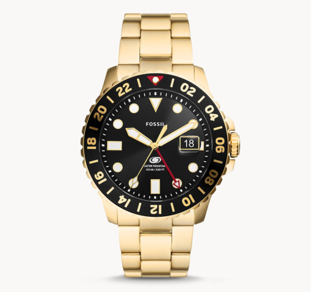 【Fossil】Blue GMT特別版太陽紋不鏽鋼腕錶-耀眼金/FS5990/台灣總代理公司貨享兩年保固