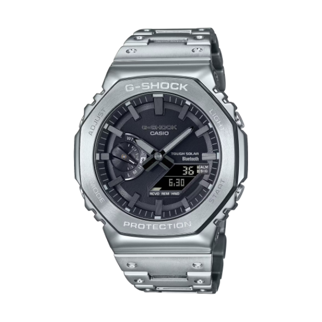 【CASIO G-SHOCK】重金屬感太陽能藍牙雙顯八角運動腕錶-金屬銀/GM-B2100D-1A/台灣總代理公司貨享一年保固