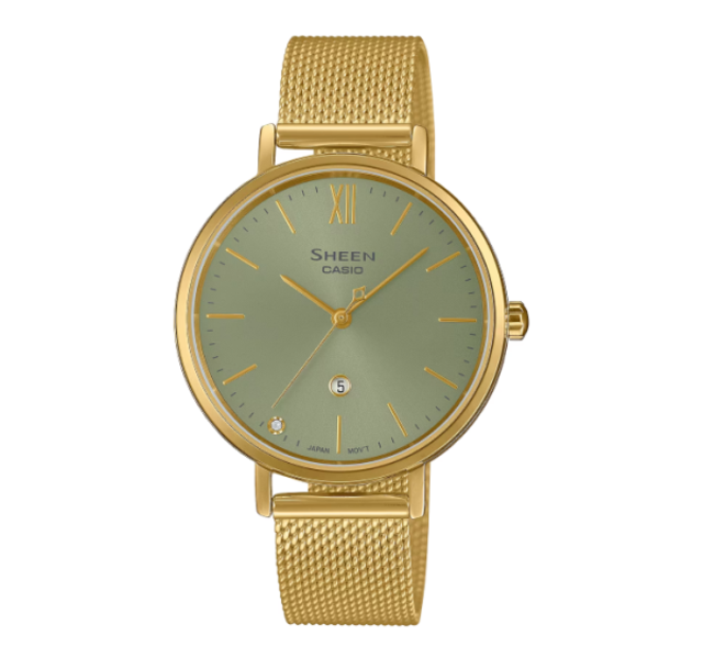 【CASIO SHEEN】玫瑰金羅馬時標時尚米蘭腕錶-迷霧綠/SHE-4539GM-3A/台灣總代理公司貨享一年保固
