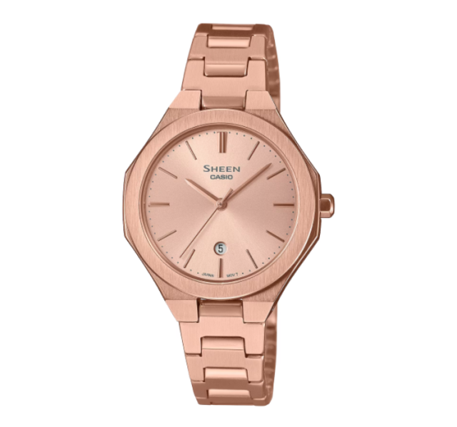 【CASIO SHEEN】現代極簡八角日期不鏽鋼腕錶-玫瑰金/SHE-4563PG-4A/台灣總代理公司貨享一年保固