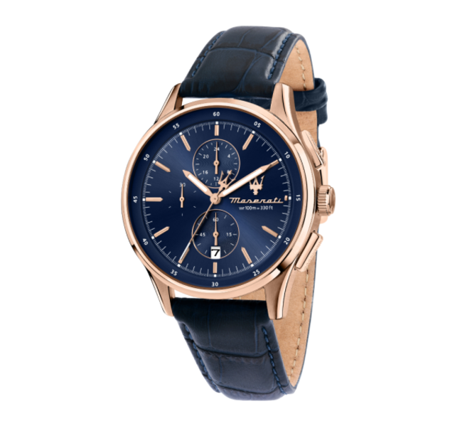 【Maserati 瑪莎拉蒂】SORPASSO系列三眼真皮腕錶-藏藍款/R8871624009/台灣總代理公司貨享兩年保固