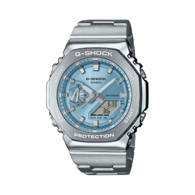 【CASIO G-SHOCK】G-STEEL系列八角雙顯金屬腕錶-冰川藍/GM-2110D-2A/台灣總代理公司貨享一年保固