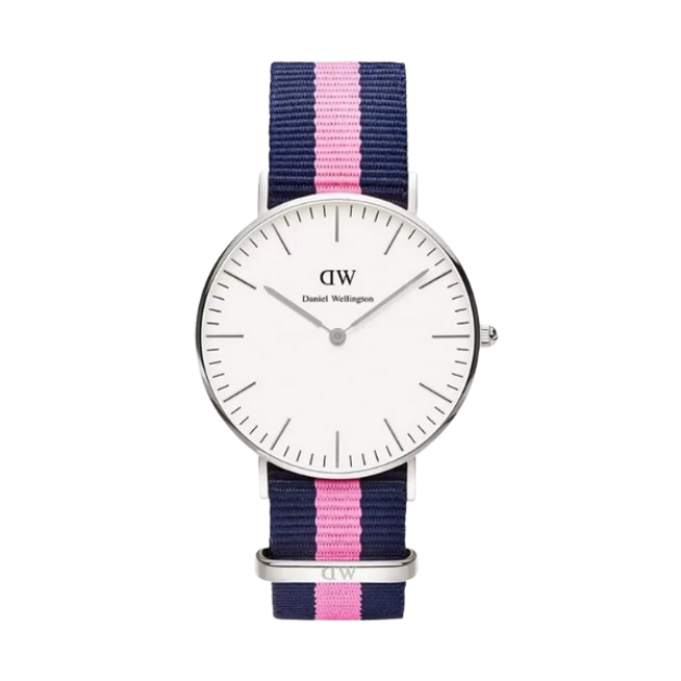 【Daniel Wellington】CLASSIC瑞典時尚品牌經典簡約尼龍腕錶-粉藍x銀-36mm/DW00100049/原廠公司貨三個月保固