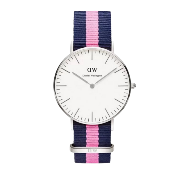 【Daniel Wellington】CLASSIC瑞典時尚品牌經典簡約尼龍腕錶-粉藍x銀-36mm/DW00100049/原廠公司貨三個月保固