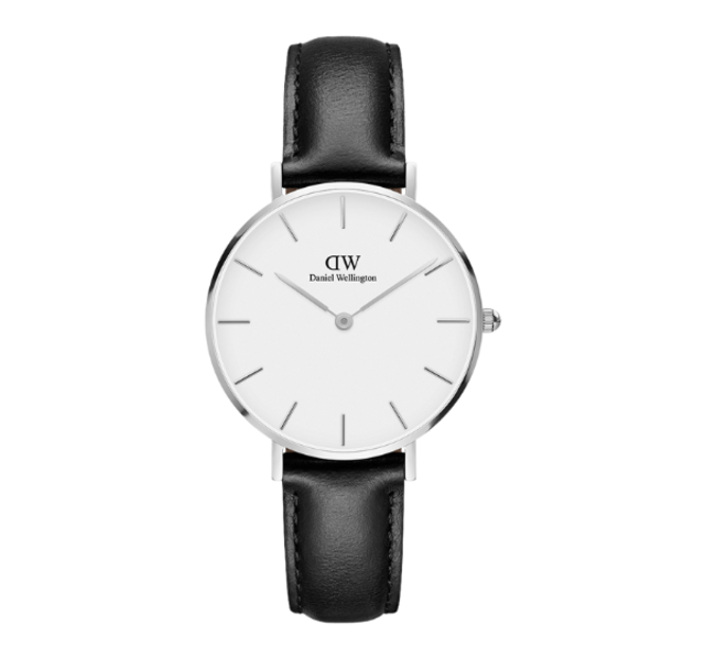 【Daniel Wellington】PETITE瑞典時尚品牌經典簡約真皮腕錶-爵士黑x銀-32mm/DW00100186/原廠公司貨一年保固