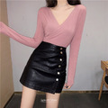 大V領性感純色彈性上衣-四色 F_13