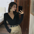 大V領性感純色彈性上衣-四色 F_6