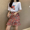 印花白T+碎花荷葉邊浪漫半身裙 二件套 F_3