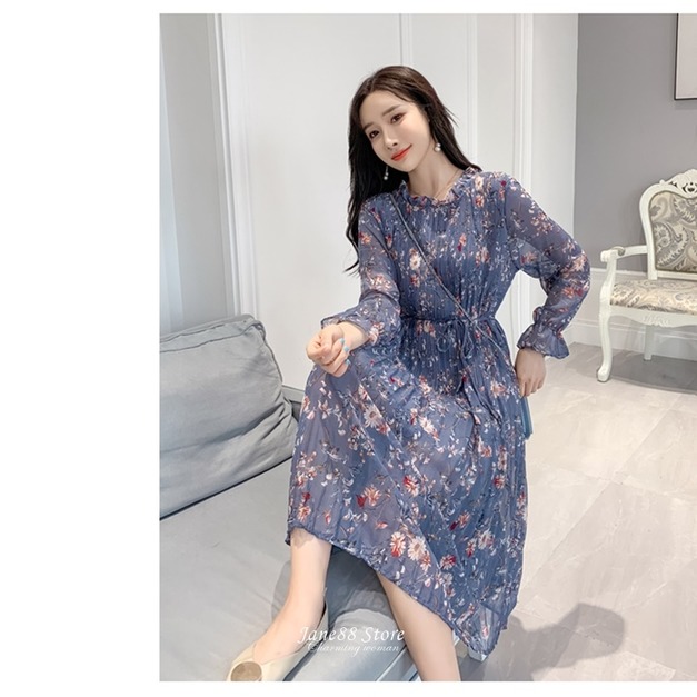 法式甜美碎花高腰連衣長洋 二色 S-2XL