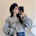 蕾絲荷葉邊加絨喇叭袖上衣 2色_3