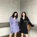 大V領修身綁帶連身裙2色_4