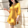 實拍 復古點點耀眼黃洋裝 S-2XL_5