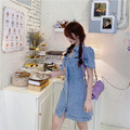 知名網紅同款復古泡泡袖綁結連身牛仔洋 S-M_9