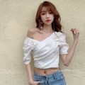法式復古泡泡袖性感露肩短款上衣 3color