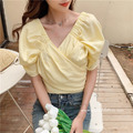 法式復古泡泡袖性感露肩短款上衣 3color_10