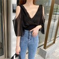 性感前V後V挖肩顯瘦雪紡上衣 2color_1
