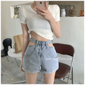 顯瘦鏤空高腰捲邊牛仔短褲 S-L_2
