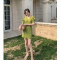 法式果綠色顯白碎花泡泡袖短洋裝 S-XL_3