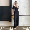 顯瘦一字領高腰闊腿連身褲