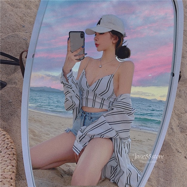 網紅款-度假風顯瘦條紋細肩背心+防曬襯衫