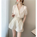 法式氣質翻領上衣+質感雪紡短褲 2件套 S-L