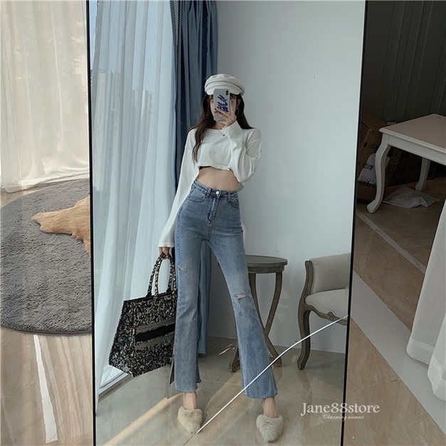 長腿神器get高腰顯瘦側開小喇叭九分牛仔褲 S-L