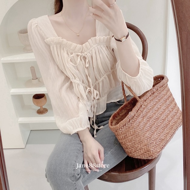 柔美木耳邊微透雪紡襯衫 S-XL