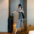 大圓領條紋綁帶收腰長洋連衣裙 2color_9