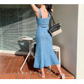 韓修身吊帶連衣牛仔長裙S-L_8