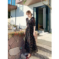 黑色顯瘦V領碎花長洋 S-2XL