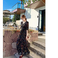 黑色顯瘦V領碎花長洋 S-2XL_7