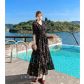 黑色顯瘦V領碎花長洋 S-2XL_2