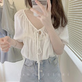 絕美☆韓ins百搭前抽繩綁帶柔美襯衫 5色