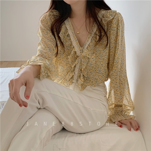 荷葉V領碎花雪紡襯衫2色