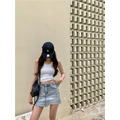 高腰顯瘦不規則收邊牛仔短裙2色S-L