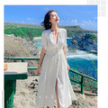 度假風清新女神款V領收腰長洋 S-XL_3